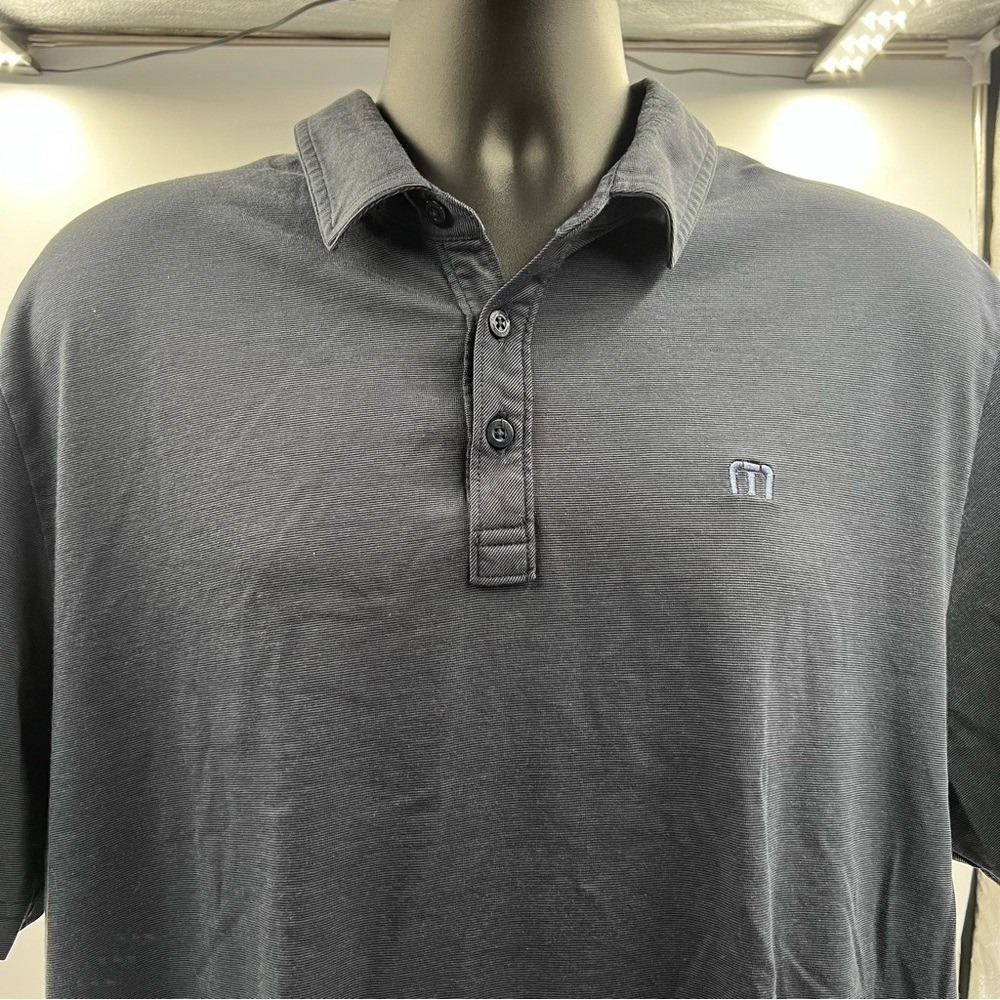 TravisMathew Mens Short Sleeve Polo Shirt Navy Blue Micro Stripe‎ Logo Size XL